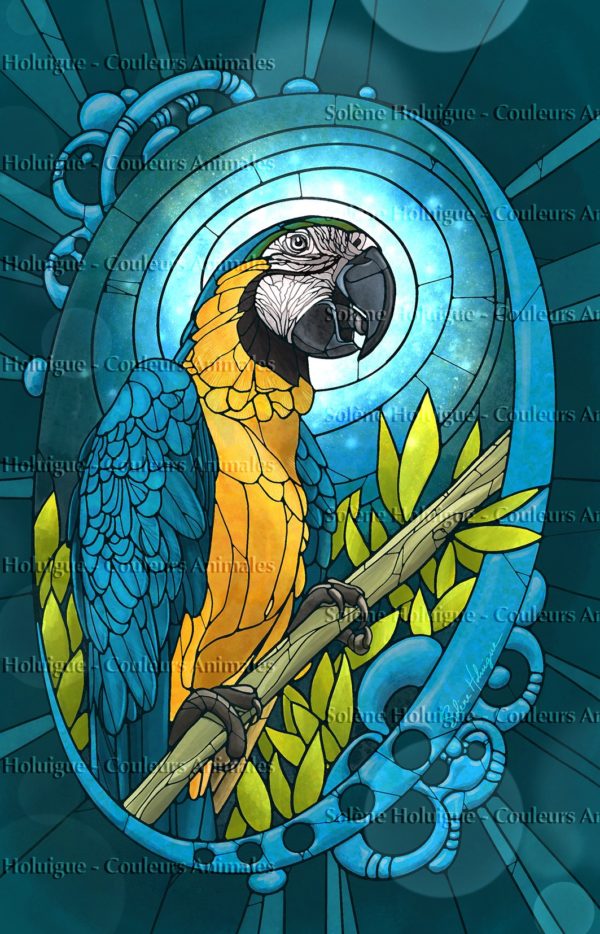 Les "dessins vitraux" de lumières animales - Le ara bleu