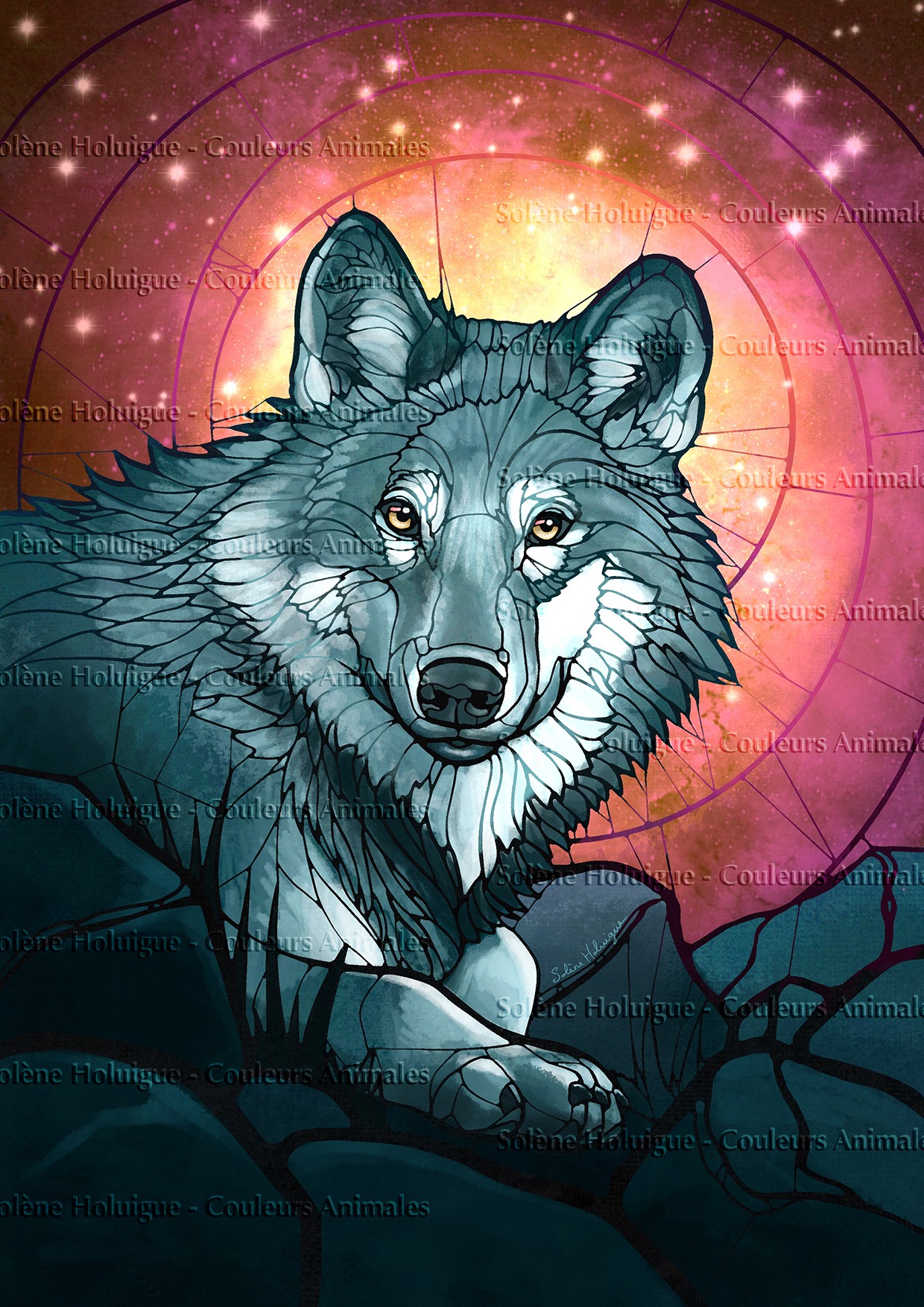 Les "dessins vitraux" de lumières animales - Loup gris